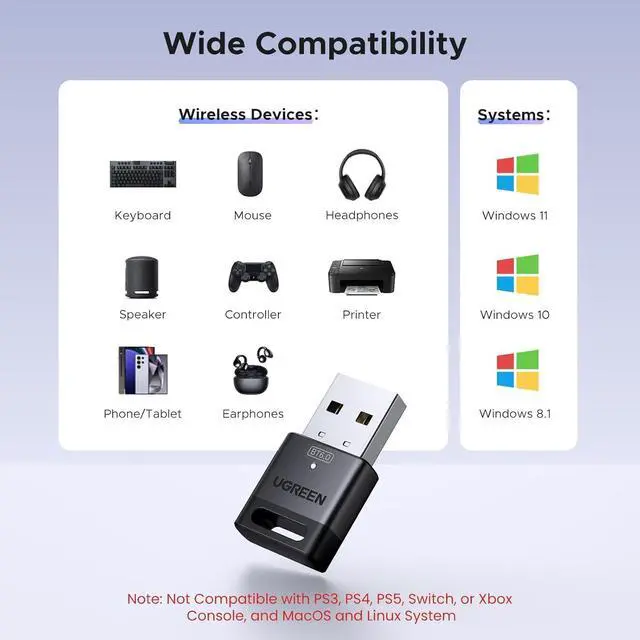 Alt view image 4 of 6 - UGREEN USB Bluetooth Adapter for PC, Bluetooth 6.0 Dongle Receiver EDR & BLE, Plug & Play for Windows 11/10/8.1, for Headphone/Keyboard/Mouse/Speakers/Printer