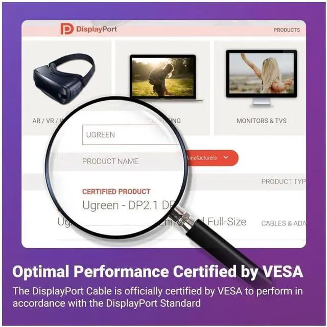 Alt view image 3 of 7 - UGREEN 16K DisplayPort Cable 2.1 [VESA Certified] DP2.0 40Gbps Support 8K@240Hz 4K@240Hz HDR, HDCP, DSC 1.2a, Braided Display Port Cable Cord Compatible FreeSync G-Sync Video Card Monitor, 6.6FT