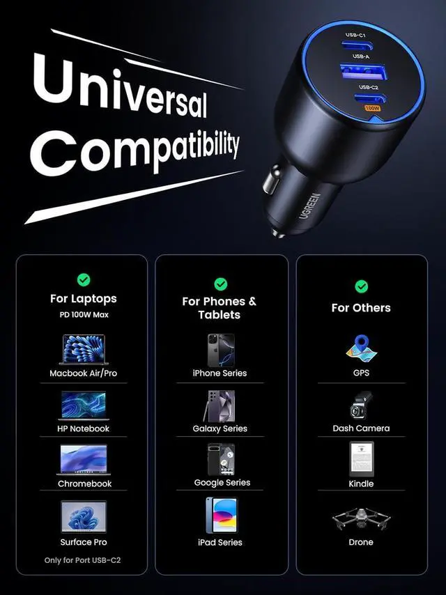 Alt view image 2 of 7 - UGREEN 130W USB C Car Charger, PD 100W +PD 30W Type C Car Charger Adapter Compatible with iPhone 17/17 Air/17 Pro/17 Pro Max/16/15/14/13/12 Series, Galaxy S24 S23 Ultra, iPad, MacBook, and More