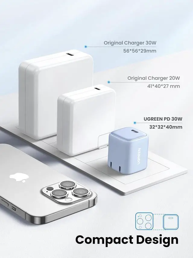 Alt view image 2 of 6 - UGREEN 30W USB C Charger, Nexode Foldable GaN PPS Compact Fast Wall Charger Block, USB-C Power Adapter for iPhone 17/16/15/14, Galaxy S25/S24/S23, Pixel 9/8/7, MacBook Air, iPad(Blue)