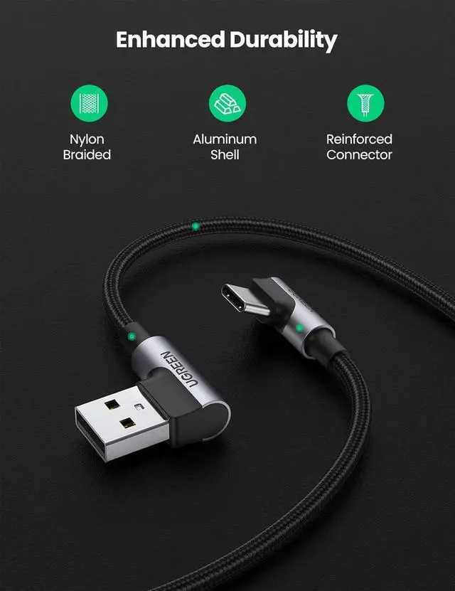 Alt view image 2 of 7 - UGREEN USB to USB C Cable 90 Degree USB C Fast Charging Cord Compatible with iPhone 16/16 Plus/16 Pro/16 Pro Max/15/Samsung Galaxy S10/S10+/Pixel 7/6a/LG G8/G7/Pixel/Switch, etc, 1.6FT