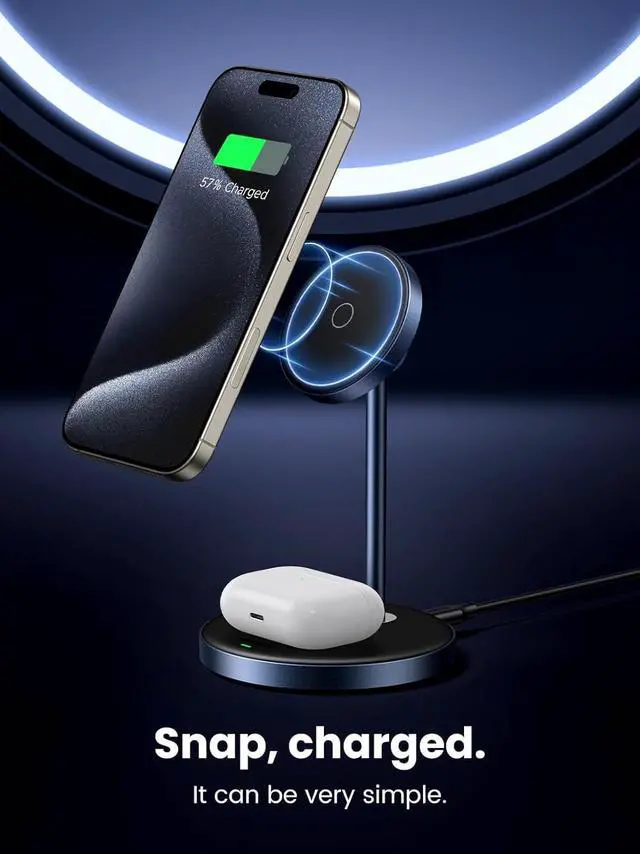 Alt view image 6 of 7 - UGREEN MagFlow 2-in-1 Magnetic Wireless Charging Stand Fast Wireless Charger for iPhone 17 16 15 14 13 12 Series and AirPods, MagSafe Compatible Qi Charging Stand with 3 FT USB-C Cable (No AC Adapter)