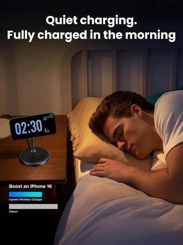Alt view image 2 of 7 - UGREEN MagFlow 2-in-1 Magnetic Wireless Charging Stand Fast Wireless Charger for iPhone 17 16 15 14 13 12 Series and AirPods, MagSafe Compatible Qi Charging Stand with 3 FT USB-C Cable (No AC Adapter)