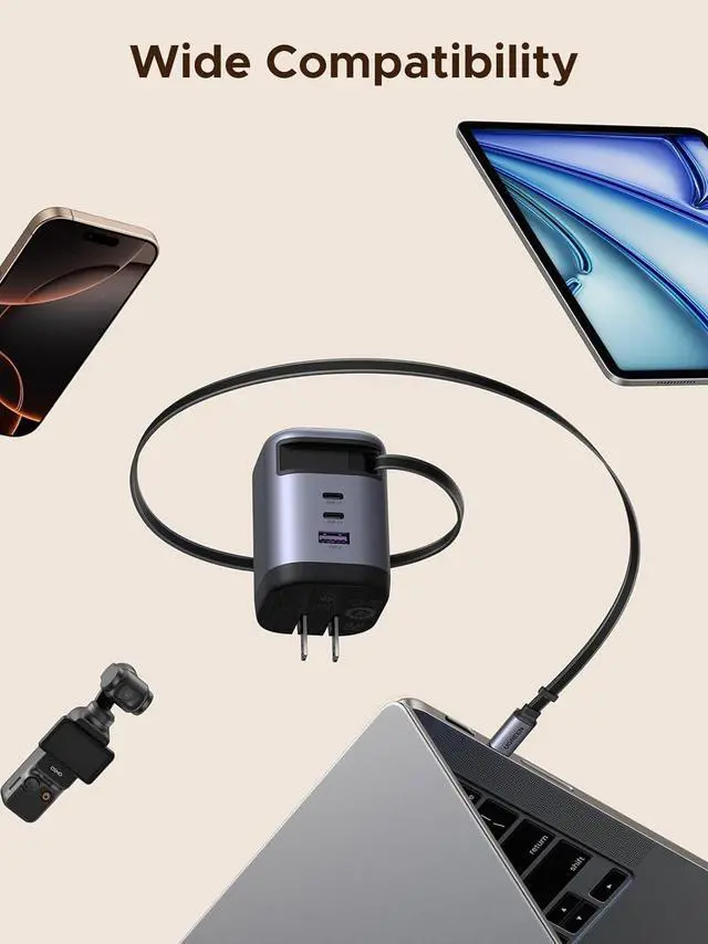 Alt view image 6 of 7 - UGREEN Nexode 100W GaN USB C Retractable Charger with Built-in Cable, 3-Port Fast Charging Wall Adapter for Laptop, MacBook Pro/Air, iPhone 17/16, Galaxy S25, Pixel, iPad, MatePad, DJI Drone