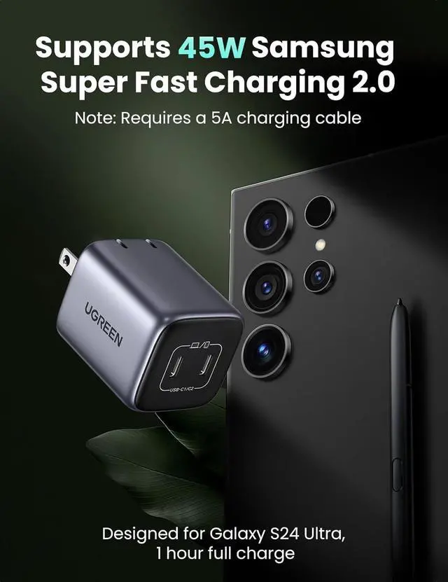 Alt view image 3 of 7 - UGREEN 45W USB C Charger for iPhone 17, Nexode 2 Port GaN Foldable PPS Wall Charger Block Support Samsung Super Fast Charging 2.0 for Galaxy S25/S24 iPhone 17/16/15, iPad, MacBook, Steam Deck (Black)