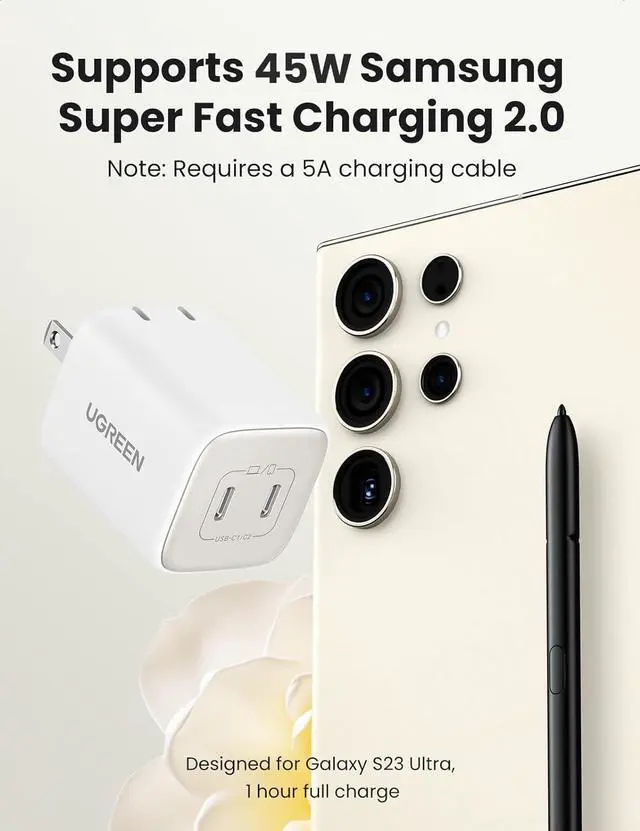 Alt view image 2 of 7 - UGREEN 45W USB C Charger, Nexode 2 Port GaN Foldable PPS Wall Charger Block Support Samsung Super Fast Charging 2.0 for Galaxy S25/S24/Note 20, iPhone 16/15/14, iPad, MacBook, Steam Deck (White)