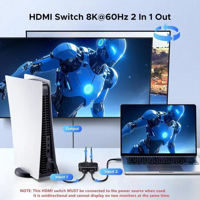 Alt view image 3 of 7 - UGREEN HDMI 2.1 Switch 2 in 1 Out 8K@60Hz Ultra HD Supports 4K@240Hz 4K@120Hz VRR HDR10+ Dolby Atmos 48Gbps HDMI Switcher Compatible with Switch/Switch 2 PS5 Xbox Roku Firestick Apple TV
