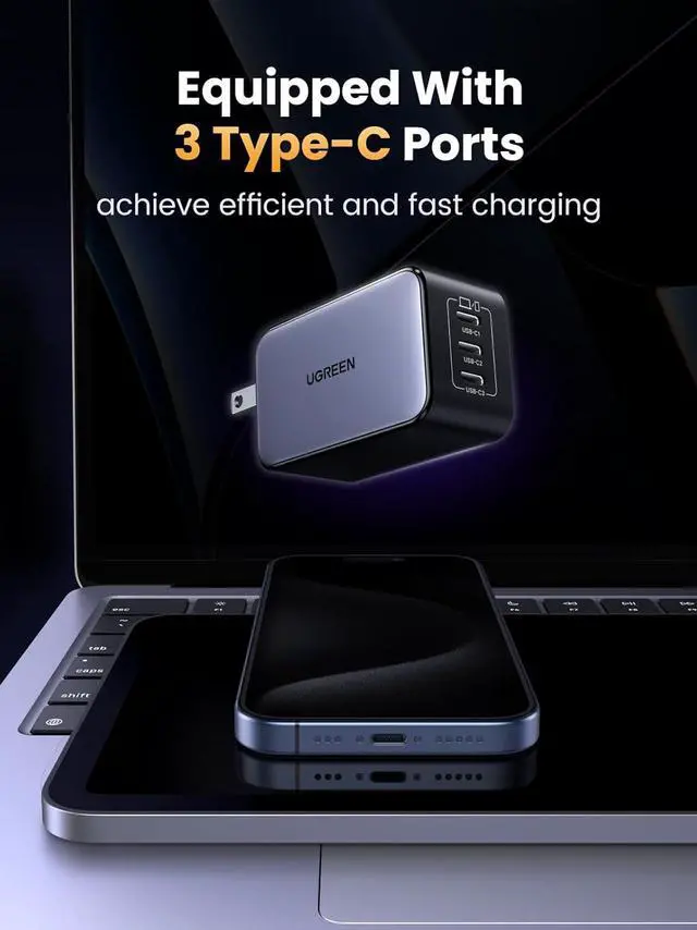 Alt view image 2 of 7 - UGREEN Nexode 65W GaN USB C Wall Charger, 3-Port Type-C Fast Power Adapter Compatible with iPhone 17/16/15 Series, Galaxy S25/S24, Pixel 10/9, MacBook Pro/Air, iPad Pro/Air, Steam Deck