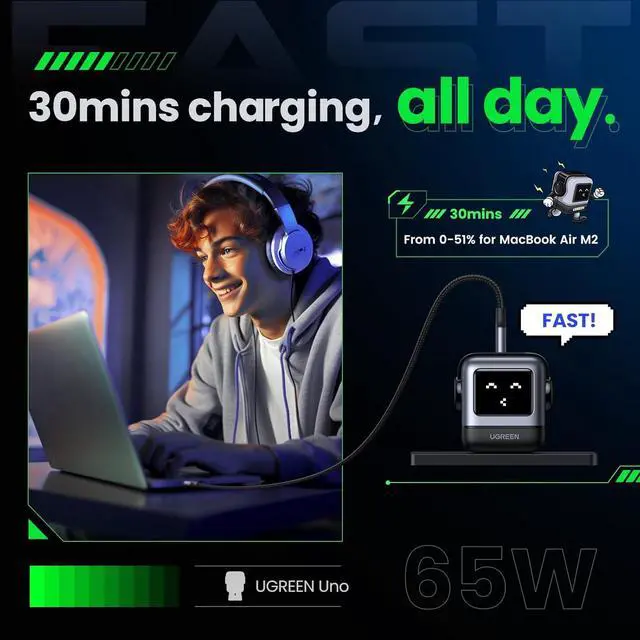 Alt view image 7 of 7 - UGREEN Uno 65W USB C Charging Block Nexode 3-Port GaN Charger Compact Fast USB C Power Adapter for MacBook Pro/Air, XPS 13, Note 20/10+, iPhone 17/16, Galaxy S25/S24, Steam Deck, ROG Ally(Black)