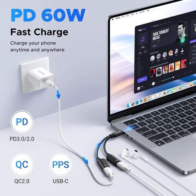 Alt view image 4 of 7 - UGREEN Magnetic USB C Splitter 1 in 2 Out Dual USB C Headphone and Charger Type C Audio Adapter with PD 60W Fast Charging Dongle Cable for iPhone 17 Pro Max, Galaxy S25, Pixel 10, iPad Pro, Switch 2