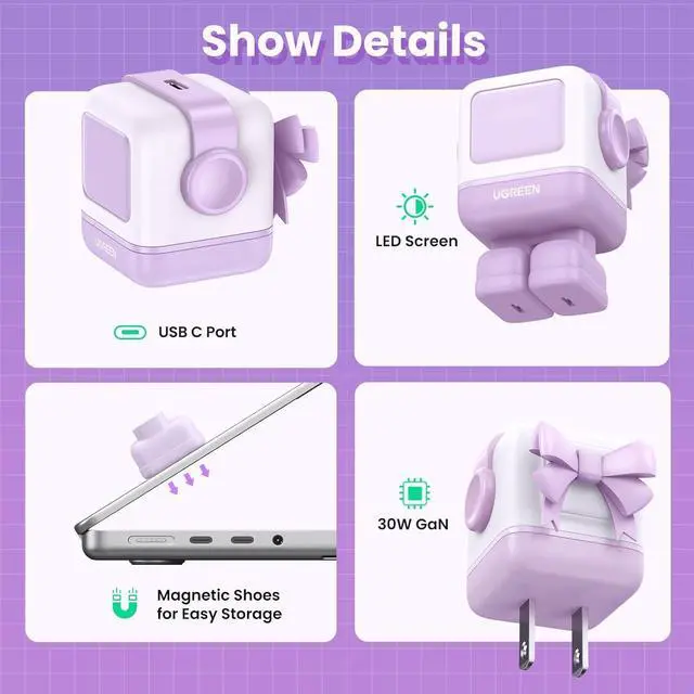 Alt view image 4 of 7 - UGREEN Uno 30W USB C Charger Block, Compact Nexode Robot GaN Fast Charger for iPhone 17/16/15/14, Galaxy S25/S24/S23/S22, Pixel 10/9/8/7, MacBook Air, iPad Pro (Kawaii Purple)