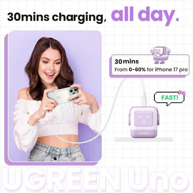 Alt view image 5 of 7 - UGREEN Uno 30W USB C Charger Block, Compact Nexode Robot GaN Fast Charger for iPhone 17/16/15/14, Galaxy S25/S24/S23/S22, Pixel 10/9/8/7, MacBook Air, iPad Pro (Kawaii Purple)