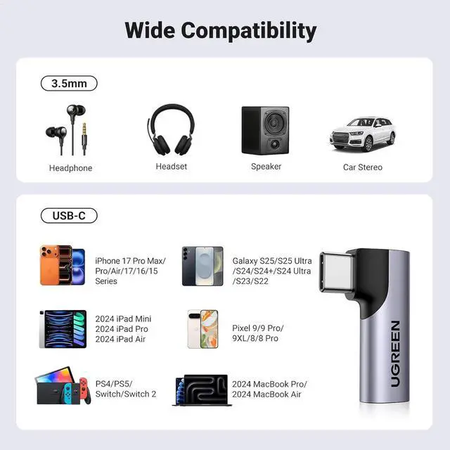 Alt view image 2 of 7 - UGREEN USB C to 3.5mm Audio Adapter Type C Aux Headphone Jack DAC Stereo Mic HiFi Right Angle Dongle Compatible with iPhone 17 16 15 Pro Max/16 15 Plus, iPad Pro, Galaxy S25 Ultra Pixel 9, Gray
