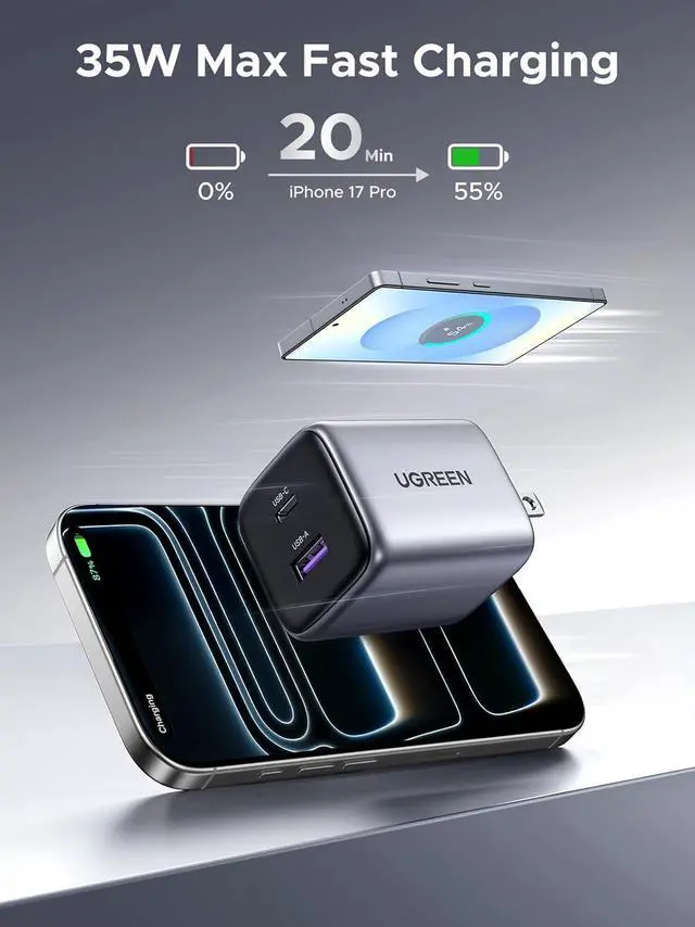 Alt view image 2 of 7 - UGREEN 35W USB C Charger for iPhone 17 Fast Charging, Nexode 2-Ports GaN Foldable PPS Compact Fast Wall Charger Block for iPhone 17/16/15, Galaxy S25/S24/S23, Pixel 10/9/8, iPad, MacBook, Steam Deck