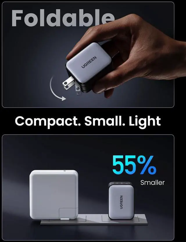 Alt view image 6 of 7 - UGREEN Nexode X 65W GaN USB C Wall Charger, 3-Port PPS Ultra Compact Foldable Fast Charger for MacBook Pro/Air, iPhone 17/16/15 Series, Galaxy S25/S24, Pixel 10/9, iPad Pro, Steam Deck