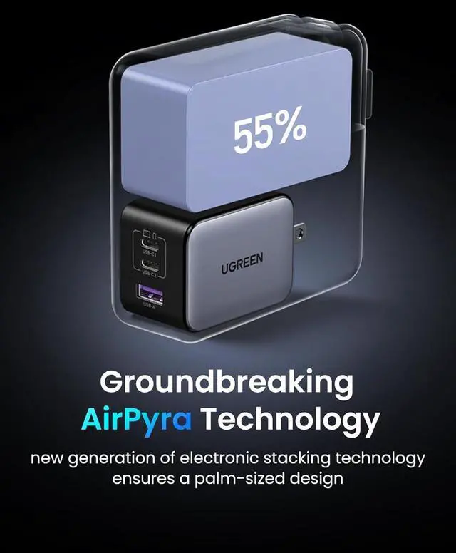 Alt view image 7 of 7 - UGREEN Nexode X 65W GaN USB C Wall Charger, 3-Port PPS Ultra Compact Foldable Fast Charger for MacBook Pro/Air, iPhone 17/16/15 Series, Galaxy S25/S24, Pixel 10/9, iPad Pro, Steam Deck