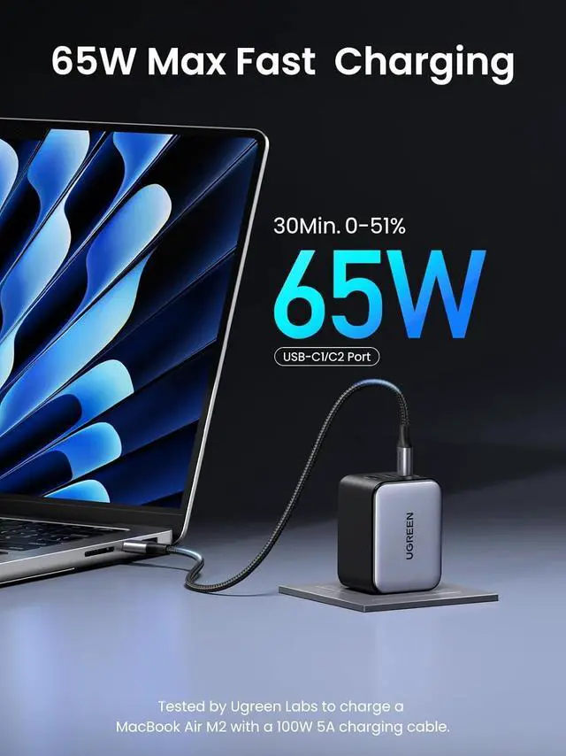 Alt view image 4 of 7 - UGREEN Nexode X 65W GaN USB C Wall Charger, 3-Port PPS Ultra Compact Foldable Fast Charger for MacBook Pro/Air, iPhone 17/16/15 Series, Galaxy S25/S24, Pixel 10/9, iPad Pro, Steam Deck