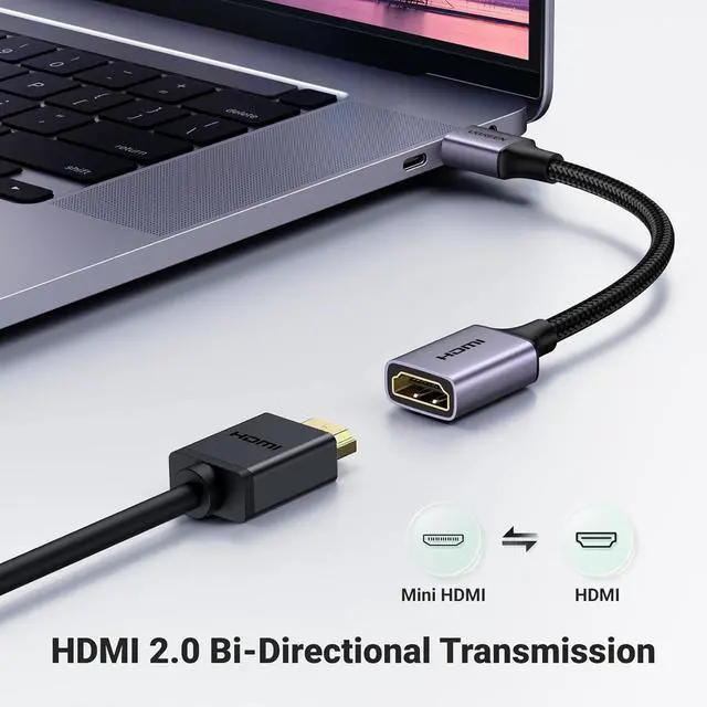 Alt view image 3 of 7 - UGREEN Mini HDMI to HDMI Adapter Aluminum Shell Braided 4K 60Hz HDR 3D Compatible with Raspberry Pi Zero 2 W/W Portable Monitor DSLR Camera Camcorder Graphics Card Laptop Projector Tablet, Grey