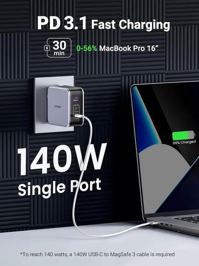 Alt view image 3 of 6 - UGREEN Nexode 140W GaN USB C Laptop Charger, 3-Port PD 3.1 PPS Foldable Fast Wall Charger with 240W Cable for MacBook Pro 16", iPhone 17/16/15, Pixel 10/9, Galaxy S25/S24, Chromebook