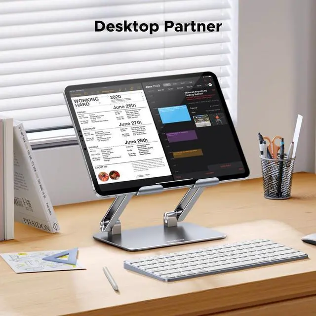Alt view image 5 of 7 - UGREEN Tablet Stand Holder for Desk Dual Rod Support Aluminum Tablet Holder Adjustable Multi-Angle Home Office Accessories Compatible with iPad Pro 13 12 11 10.5 Air Mini 5 4 3 2 Phone E-Reader Silver