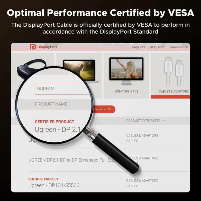 Alt view image 6 of 7 - UGREEN 16K@60Hz 80Gbps DisplayPort Cable 2.1 DP Cord 8K@240Hz 4K@480Hz Display Port Cable 10FT HDR, HDCP2.3, DSC1.2a, FreeSync, G-Sync, Alu Braid Compatible Monitor, Graphics RTX 5090 4090, PC, HDTV