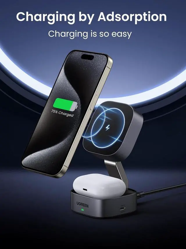 Alt view image 5 of 7 - UGREEN MagFlow Magnetic Foldable Charging Station, 2-in-1 Fast Wireless Charger Compatible with iPhone 17 17 Air 17 Pro 17 Pro Max 16 15 14 13 12, Airpods3 2 Pro (No AC Adapter)