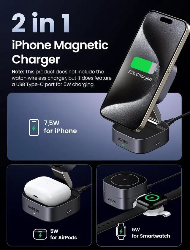 Alt view image 3 of 7 - UGREEN MagFlow Magnetic Foldable Charging Station, 2-in-1 Fast Wireless Charger Compatible with iPhone 17 17 Air 17 Pro 17 Pro Max 16 15 14 13 12, Airpods3 2 Pro (No AC Adapter)