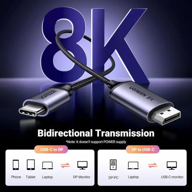 Alt view image 2 of 7 - UGREEN Bidirectional USB C to DisplayPort 1.4 Cable 8K@60Hz 4K@240Hz DisplayPort to USB C Thunderbolt 4 Cord Alu Braided Compatible iPhone 17 Pro Max, Galaxy S25, MacBook Pro/Air, iPad, XPS 17, 6.6FT