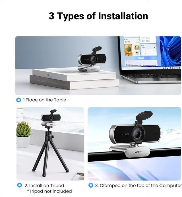 Alt view image 3 of 7 - UGREEN Full HD 1080P Webcam with Microphone, 2 Noise-Canceling Mics, 85° Fov & Fixed Focus, Plug and Play, Auto Light Correction, Privacy Cover PC Camera for Zoom/Skype/Teams, Switch 2, Silver Gray