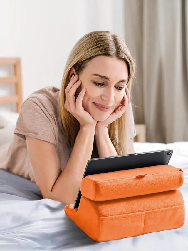 Alt view image 4 of 7 - UGREEN Tablet Pillow Stand for Lap Soft Holder Bed with 3 Viewing Angles Adjustable Home Office Accessories Compatible with iPad Pro 13 12 11 10.5 Air Mini 5 4 3 2 Phone 16 15 14 E-Reader Orange