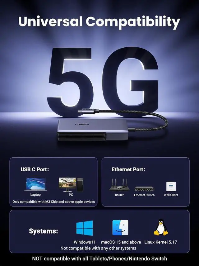 Alt view image 2 of 5 - UGREEN USB C to Ethernet Adapter 5Gb, Ethernet Adapter for Laptop, Aluminum with Thermal Design, Type C (Thunderbolt 5/4/3 Compatible) to RJ45 Network LAN Internet, Compatible for MacBook Air/Pro, XPS