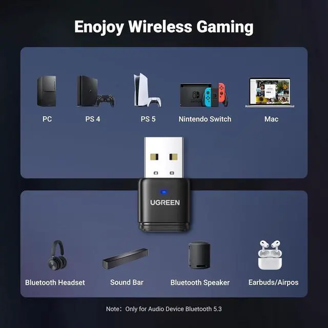 Alt view image 2 of 7 - UGREEN Bluetooth 5.3 Adapter for PS4 PS5 USB Audio Transmitter APTX Connecting Bluetooth Headphones to PS5, PS4, Switch, PC, Wireless Audio Adapter (Plug & Play)