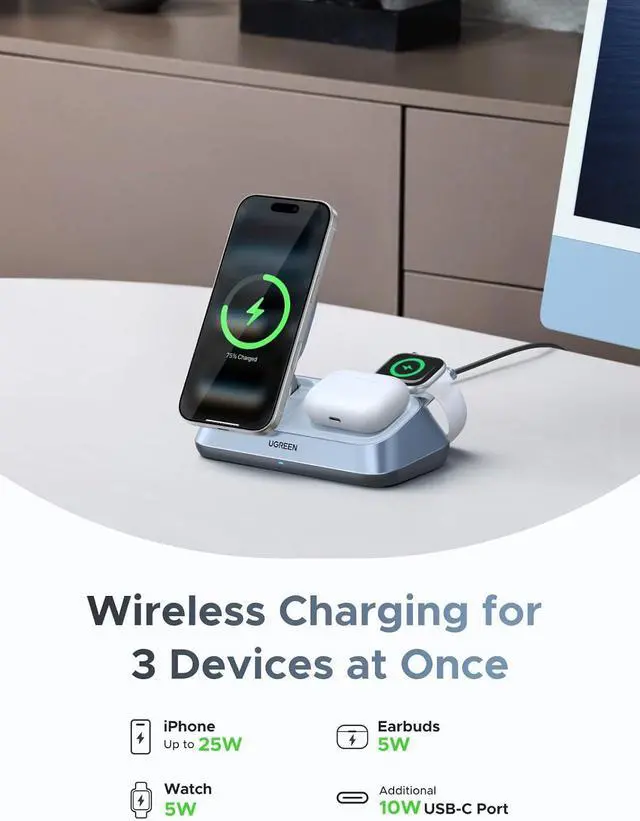 Alt view image 5 of 7 - UGREEN 25W Qi2 Certified 3-in-1 Magflow Wireless Charging Stand, Magsafe Fast Wireless Charger for iPhone 17/16/15/14/13/12, AirPods and Apple Watch, Desk Stand with Adjustable Angle