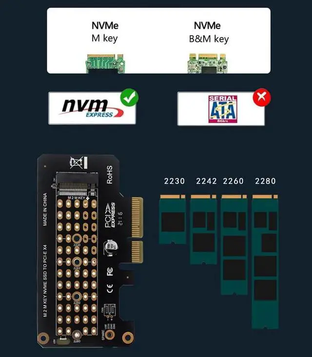 Alt view image 6 of 7 - JAENFONG PH41 PCIe3.0 X4 to M.2 NVME MKey Adapter Card 32gbps Compatible with M.2 NVMe 2230-2280 SSD X4 X8 X16 Slot (Half Height)
