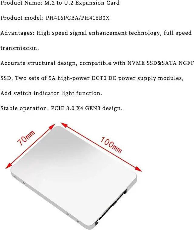 Alt view image 6 of 7 - JAENFONG PH416 M.2 NVMe PCIe3.0 X4 to U.2 SFF8639 Extension Card 6G Support 2.5in SSD Bkey Mkey 2230 2242 2260 2280 (PH416BOX)
