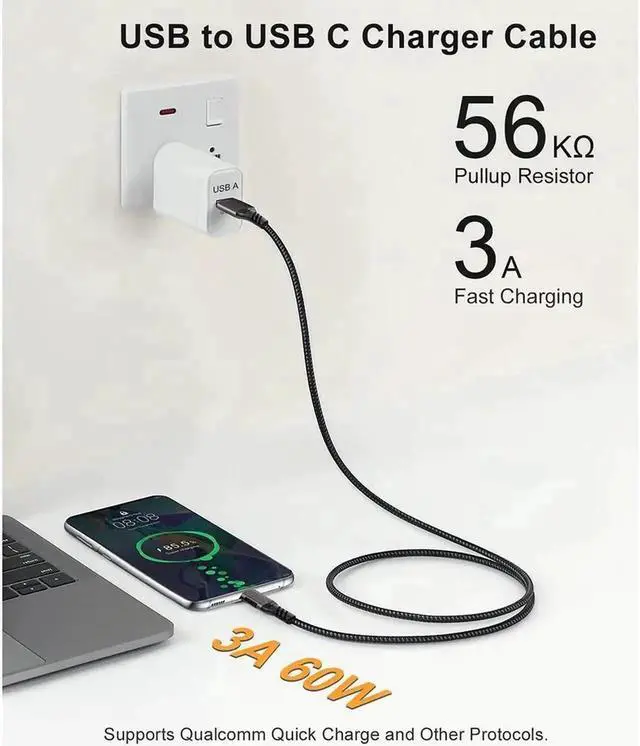 Alt view image 5 of 7 - USB A to USB C 3.1/3.2 Cable, [2-Pack 3.3ft/1M], 10Gbps Data Transfer and 60W 3A Fast Charging Cord, Nylon Braided USB 3.2 to USB C Cable for S-a-m-s-u-n-g Galaxy S22 S21 S20 and Other Type-C Devices