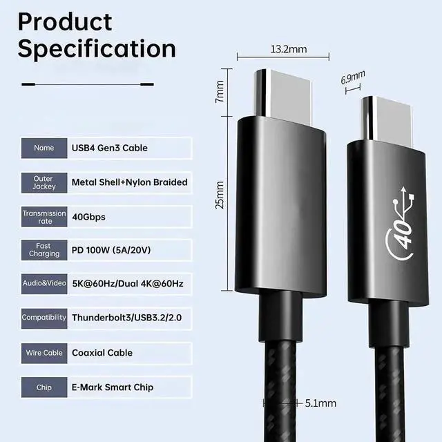 Alt view image 4 of 7 - 3.3ft USB4 Cable 40Gbps Compatible with Thunderbolt 4 3 Cable, 40Gbps USB C Cable PD 100W Fast Charging, HD Video 5K Dual 4K 60Hz, for MacBook, eGPU, Docking, Hub, SSD with Sturdy Nylon Braided Cord