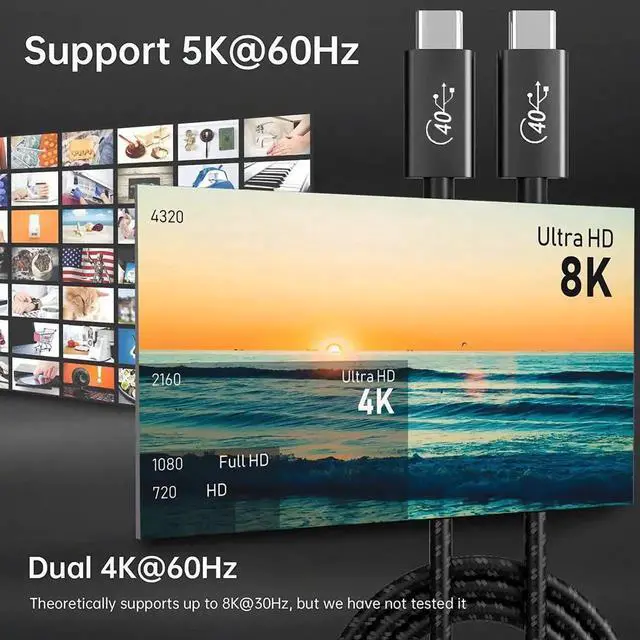 Alt view image 3 of 7 - 3.3ft USB4 Cable 40Gbps Compatible with Thunderbolt 4 3 Cable, 40Gbps USB C Cable PD 100W Fast Charging, HD Video 5K Dual 4K 60Hz, for MacBook, eGPU, Docking, Hub, SSD with Sturdy Nylon Braided Cord