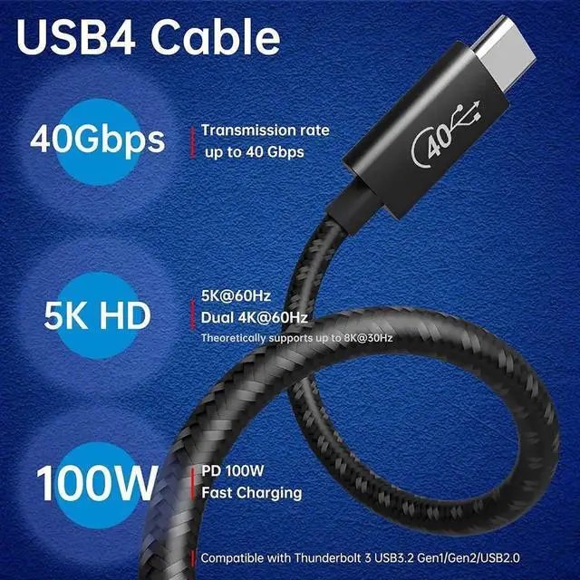 Alt view image 5 of 7 - 3.3ft USB4 Cable 40Gbps Compatible with Thunderbolt 4 3 Cable, 40Gbps USB C Cable PD 100W Fast Charging, HD Video 5K Dual 4K 60Hz, for MacBook, eGPU, Docking, Hub, SSD with Sturdy Nylon Braided Cord