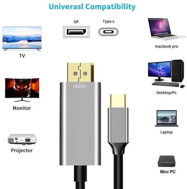 Alt view image 5 of 7 - JAENFONG USB C to DisplayPort 1.4 Cable (Support 8K@60Hz, 4K@144Hz, 2K@240Hz) Thunderbolt 3/4 Type C to DP Cord Compatible with MacBook, Mac mini, XPS, iPad, iPhone 15/16