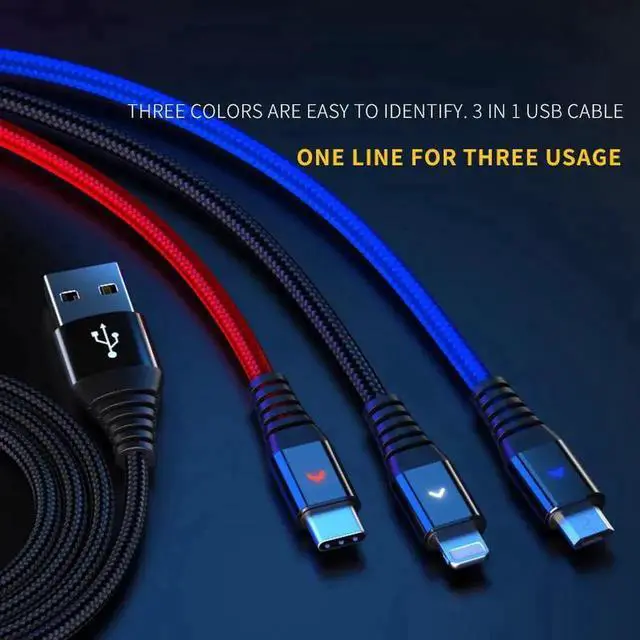 Alt view image 3 of 6 - JAENFONG Multi Charger Cable, Nylon Braided Universal 3 in 1 Multiple Ports Devices USB Charging Cord with USB Type C/Micro USB Connectors for Phones Tablets (Charging Only) - 4Ft, 2Pack