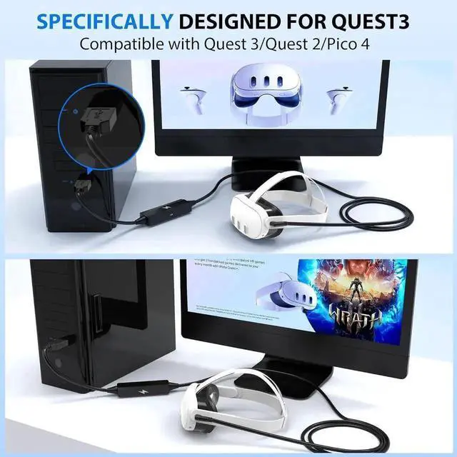 Alt view image 7 of 7 - JAENFONG Link Cable 16FT/5M for Me-ta Quest 3/Quest2/Quest Pro/Pico4 and PC/Steam VR, USB 3.0 Link Cable with 5Gbps Super Speed, with Separate Charging Port, Link Cable for VR Headset and Gaming PC