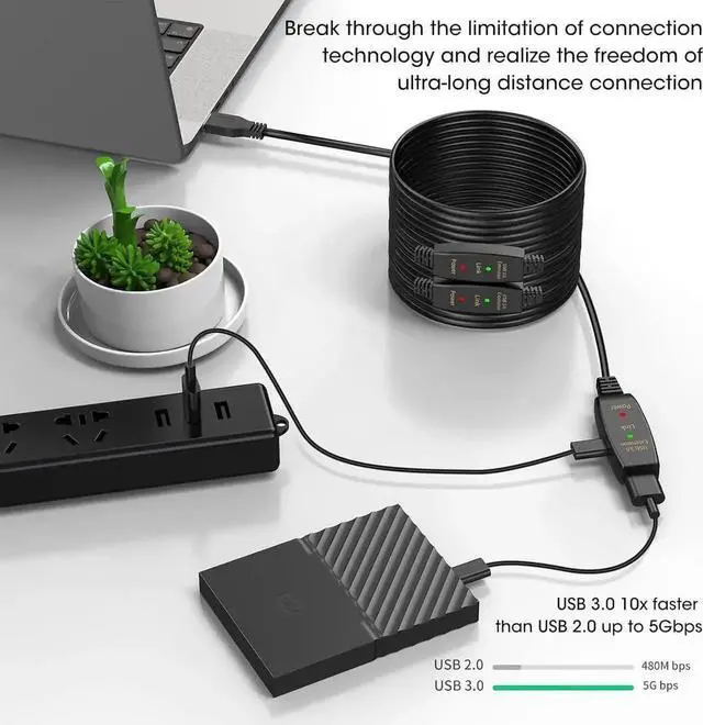 Alt view image 4 of 7 - JAENFONG USB 3.0 Active Extension Cable 100FT, Long USB Type-A Male to Female Extender Cord, Built-in A Signal Booster Smart Chip, 5Gbps Transfer, for Printer, Xbox, Webcam, VR, Hard Drive, USB Hub