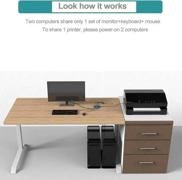 Alt view image 7 of 7 - JAENFONG USB VGA KVM Switch 2 Ports w/Cables & 3 USB Hubs, 260KL 1080P KVM Switches Two Computers Share 1 Set of Monitor Keyboard Mouse Printer/U Disk
