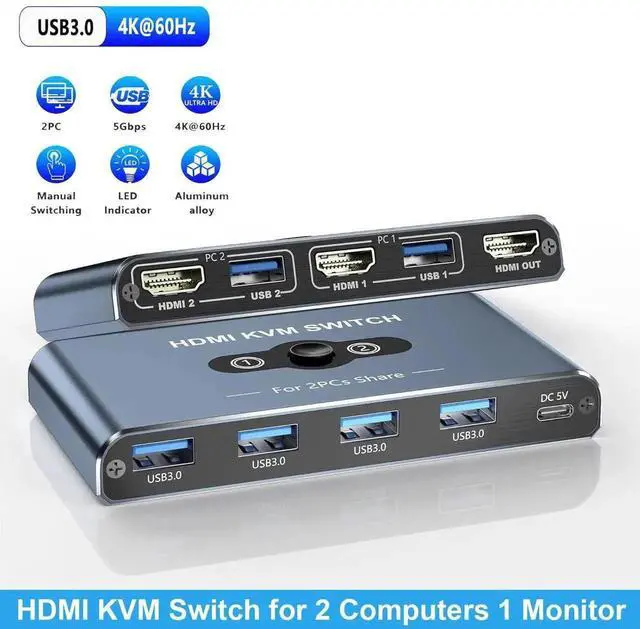 Main image of HDMI KVM Switch, 2 Port HDMI KVM Switch 1 Monitors 2 Computers, HDMI Switch, 4K@60Hz KVM Switches for 2 Computers Sharing 1 Monitor, 4 USB 3.0 Devices Such as Keyboard, Mouse, Printer, Scanner
