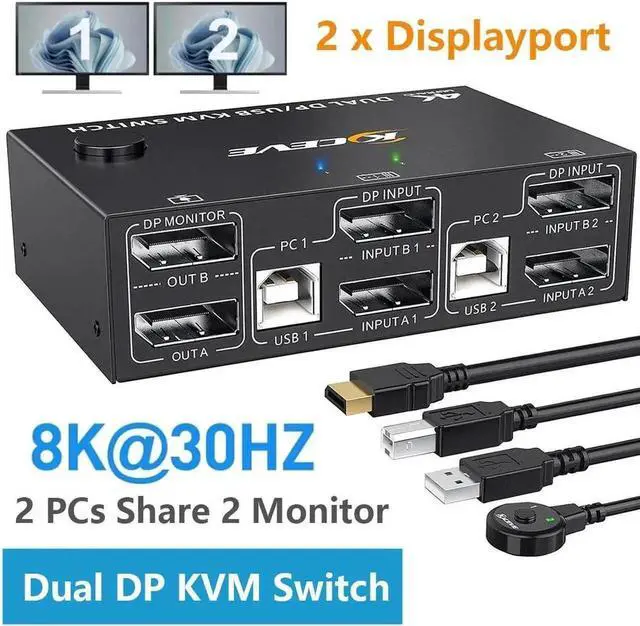 Main image of Dual Monitor Displayport KVM Switch 8K@30Hz 4K@144Hz, DP Extended Display KVM Switch for 2 Computers Share 2 Monitors and 4 USB 2.0 Ports, DP KVM Switch 2 in 2 Out, Wired Remote and 4 Cables Included