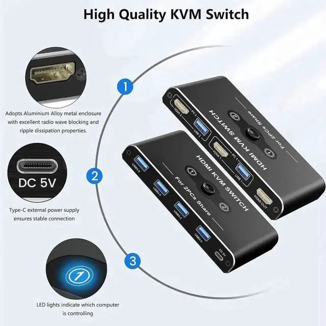Alt view image 3 of 7 - JAENFONG 2 Port HDMI KVM Switch 4K@60Hz, KVM Switches with 4 USB 3.0 Data Ports, HDMI KVM Switch 2 PC 1 Monitor Share Mouse, Keyboard, Printer, Include 2 HD-MI cables, 2 USB-A cable, 1 USB-C Cable