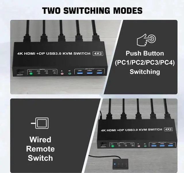 Alt view image 3 of 7 - USB 3.0 Displayport+HDMI Dual Monitor KVM Switch for 4 PCs, 4K 60Hz KVM Switch 2 Monitors 4 Computers, with Audio Microphone Output and 3 USB 3.0 Ports, HDMI+DP Monitor KVM Switch for 4 PCs 2 Monitors