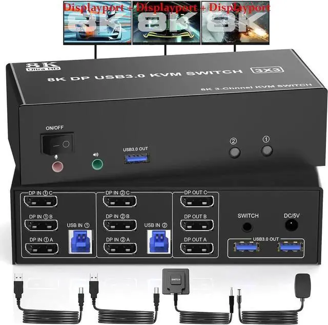 Main image of JAENFONG Triple Monitors Displayport KVM Switch 8K@60Hz 4K@144Hz, DP 1.4 USB 3.0 KVM Switch 2 PC Share 3 Monitors, Displayport KVM Switches 2 in 3 Out with Audio Microphone Output and 3 USB 3.0 Ports