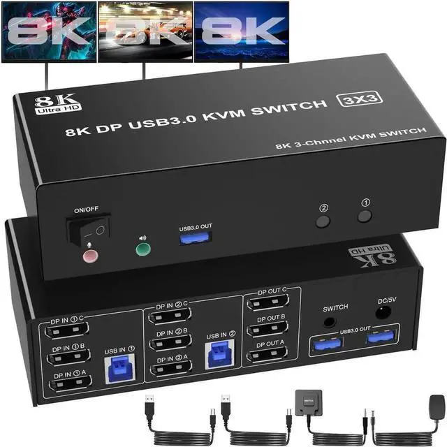 Main image of Displayport USB 3.0 KVM Switch 3 Monitors 2 Computers, DP1.4 Triple Monitor KVM Switch with Audio Microphone Output and 3 USB 3.0 Ports, 8K@60Hz DP KVM Triple Monitor Keyboard Mouse Switcher